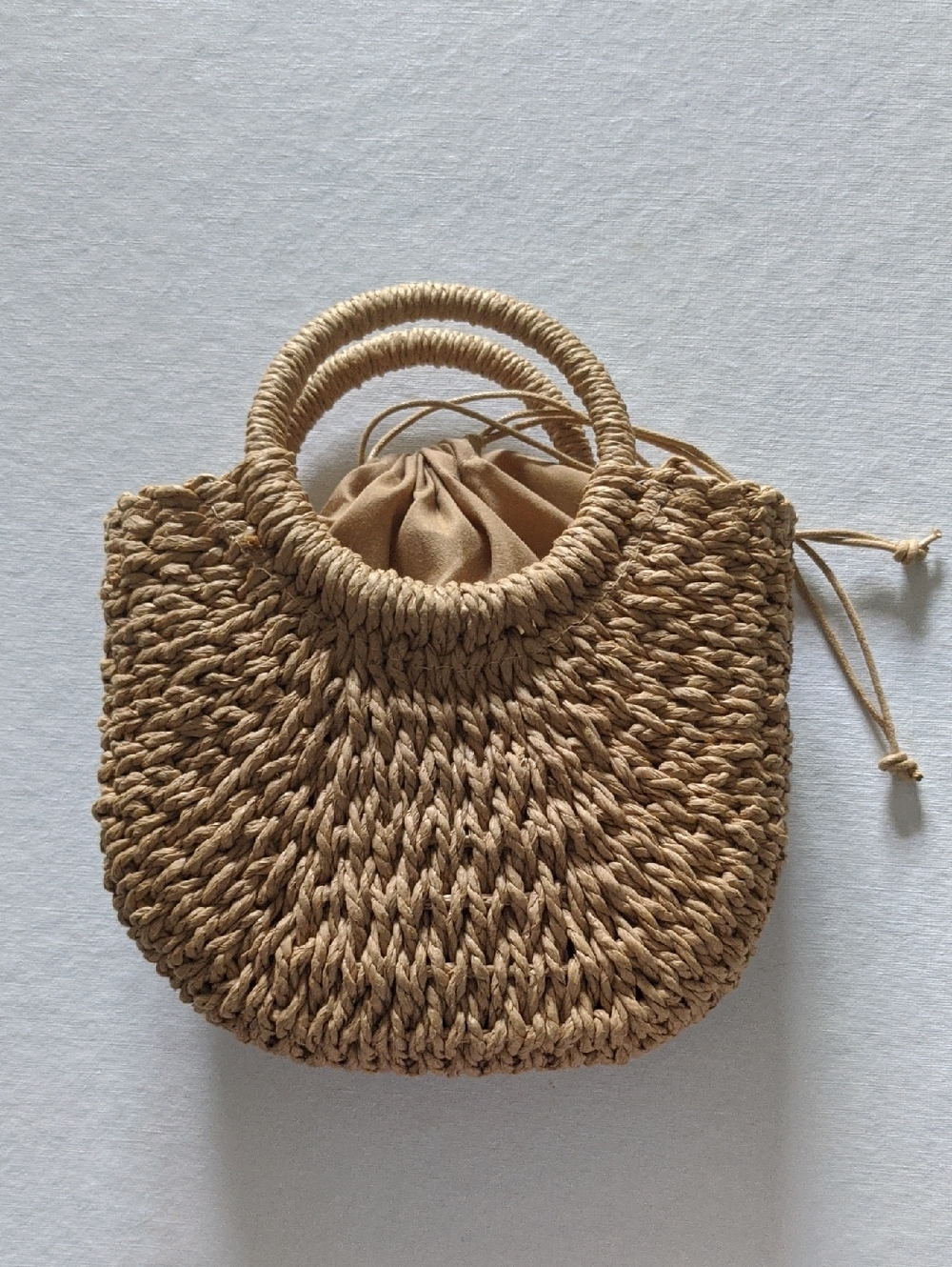 New Rattan Woven Straw Circle-Handle Tote in Natural